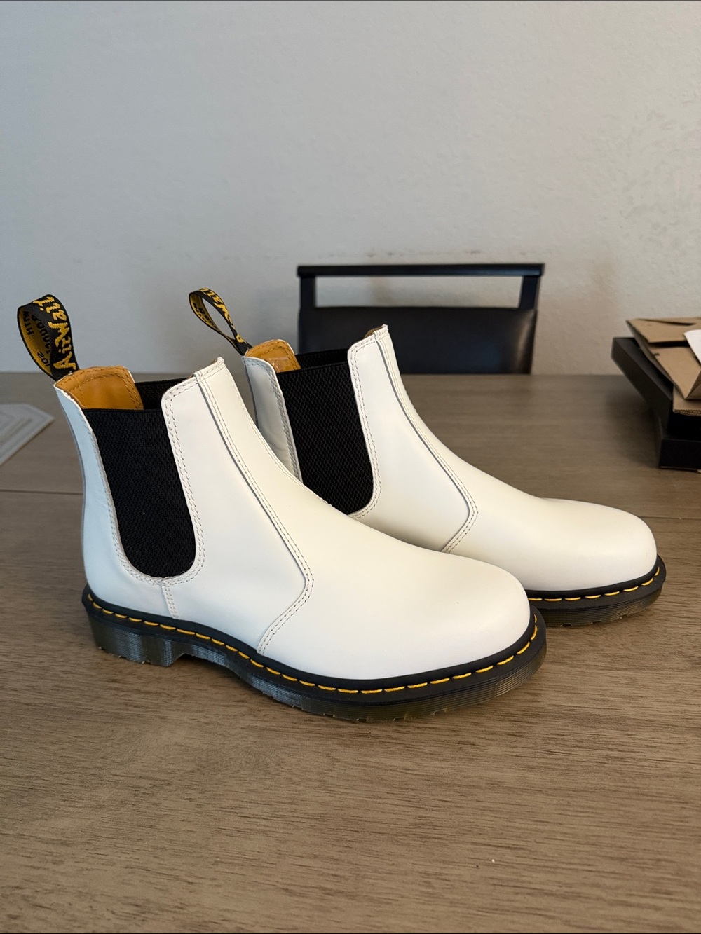 Dr. Martens White Leather Chelsea Boots with Yellow Stitching